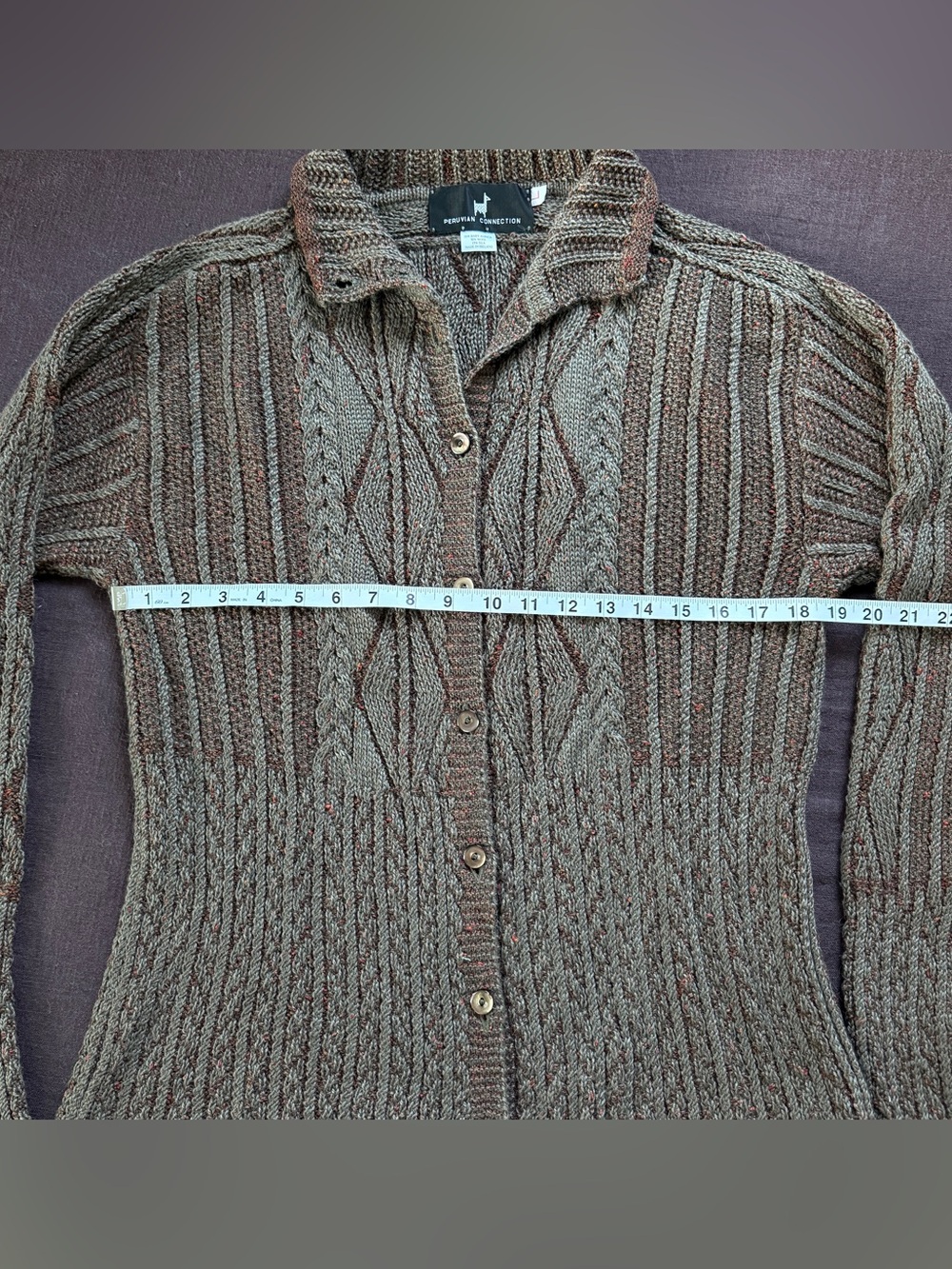 Vintage Peruvian Connection Cableknit Baby Alpaca Wool Silk Knit Cardigan L - Picture 8 of 12